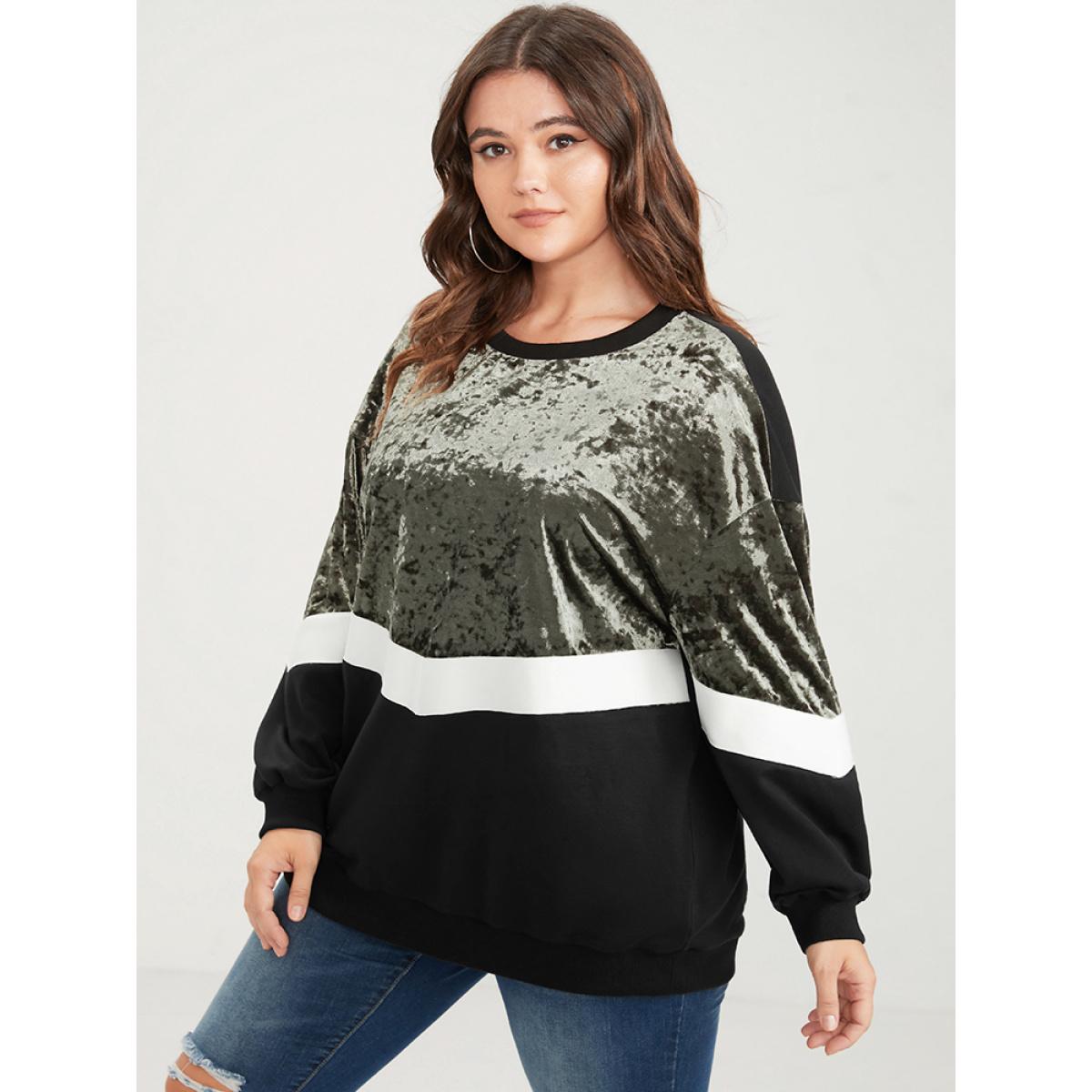 Plus Size Colorblock Contrast Velvet Patchwork Drop Shoulder Sweatshirt Women ArmyGreen Casual Patchwork Round Neck Dailywear Sweatshirts BloomChic 12/L Product Image