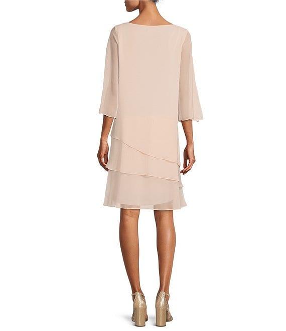 Marina Split 3/4 Sleeve Round Beaded Keyhole Neck Asymmetrical Tiered Chiffon Trapeze Dress Product Image