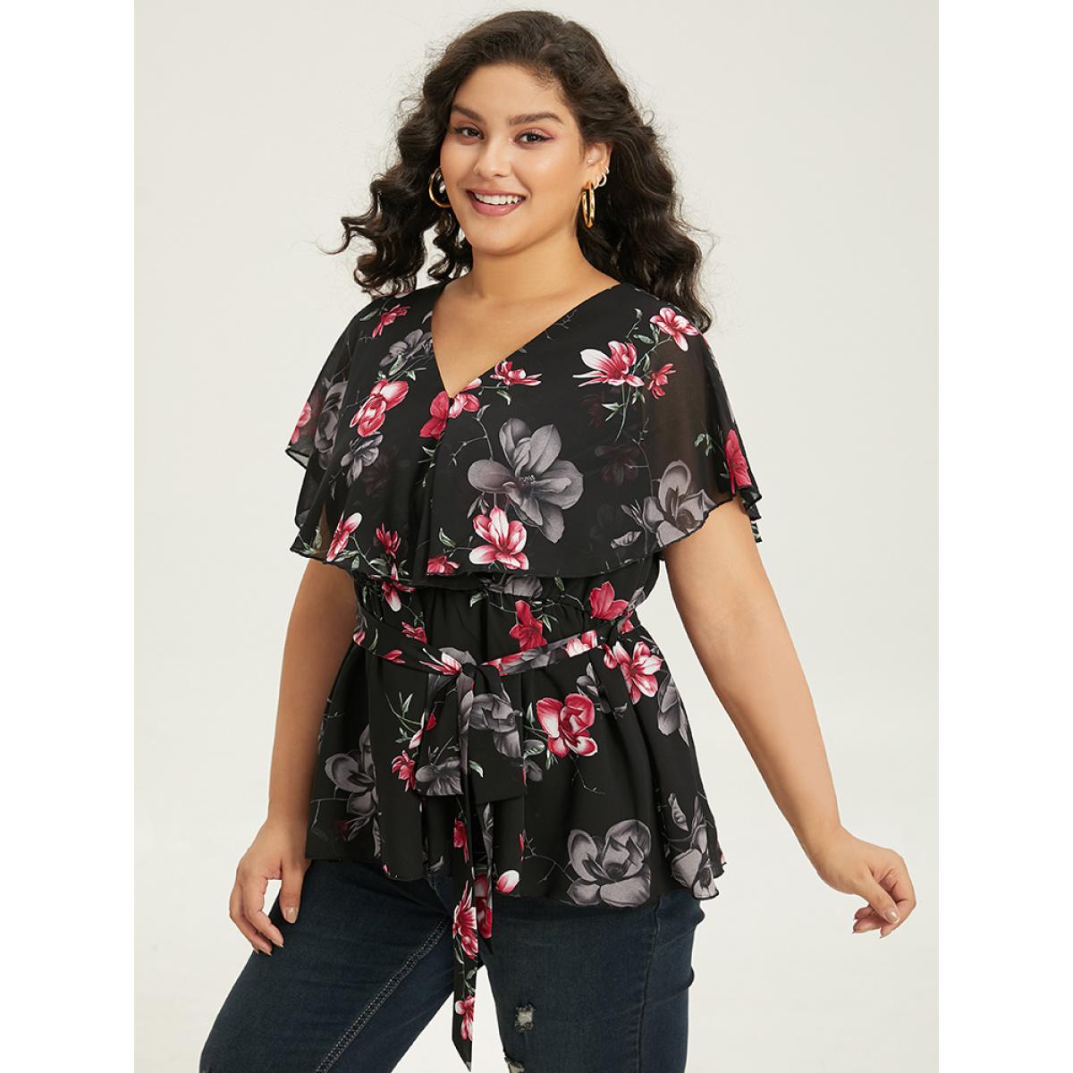 Plus Size Black Floral Split Batwing Sleeve Wrap Mesh Belted Blouse Women Glamour Cap Sleeve Deep V-neck Going out Blouses BloomChic 26/4X Product Image