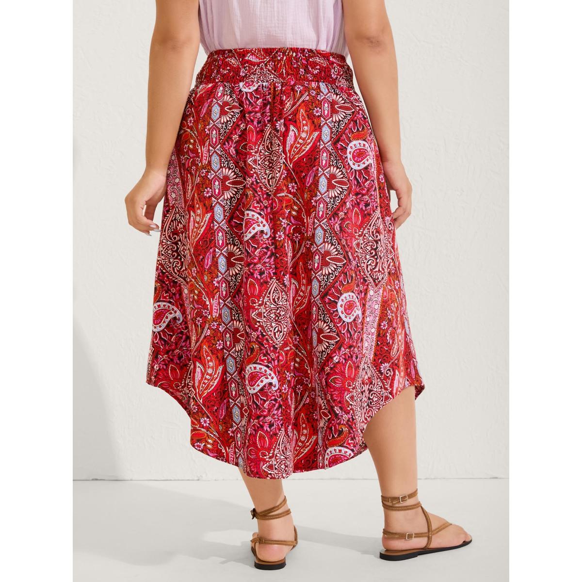Plus Size Boho Print Shirred Waist Midi Skirt Women Crimson Elegant Tie knot Loose No stretch Side seam pocket Everyday Skirts BloomChic 28/5X Product Image