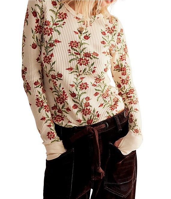 Free People We The Free Pretty Little Thermal Floral Printed Crew Neck Long Sleeve Fitted Top Product Image