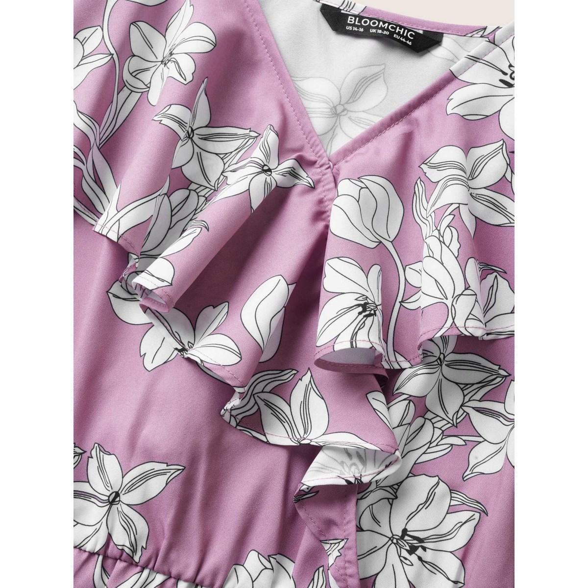 Plus Size Floral Ruffles Asymmetrical Hem Belted Gathered Dress Lilac Women Elegant Gathered Non Short sleeve Curvy Midi Dress BloomChic 30/6X Product Image