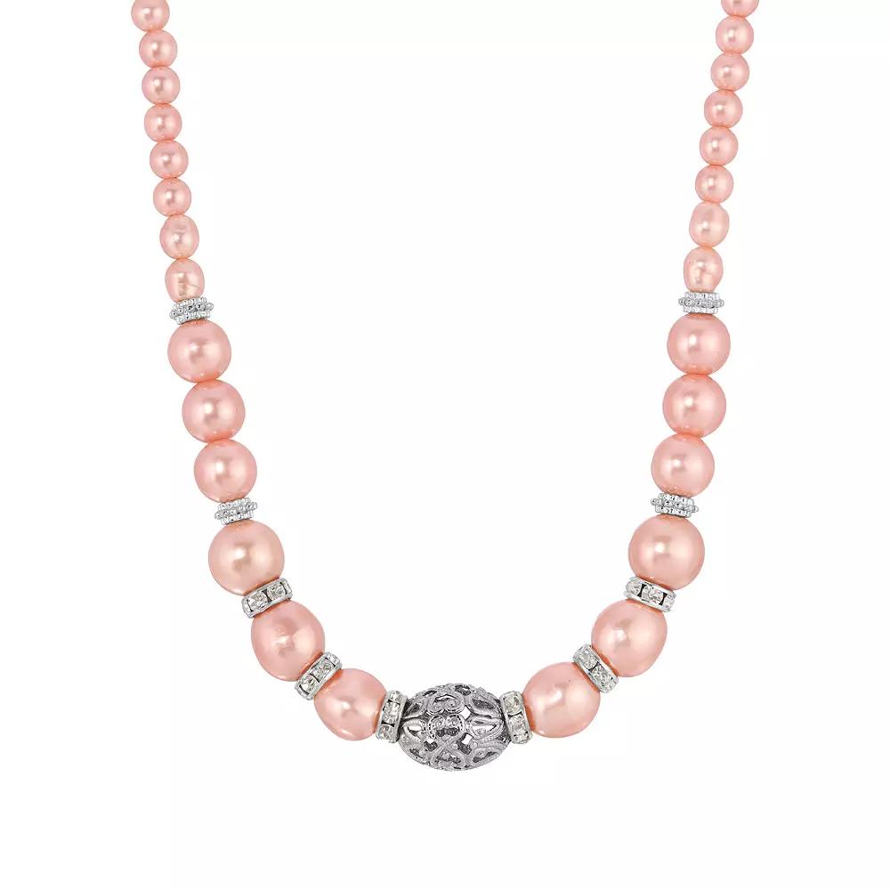 1928 Silver Tone Faux Pink Pearl Crystal & Filigree Necklace, Women's Product Image