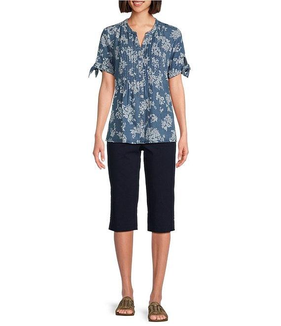 Allison Daley Petite Size Blooming Flowers Print Short Tie Sleeve Y-Neck Button Front Pintuck Blouse Product Image