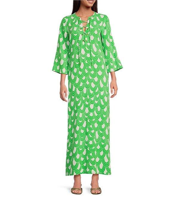 Trina Turk Catamaran Drape Print Lace-Up V-Neck 3/4 Sleeve Maxi Dress Product Image