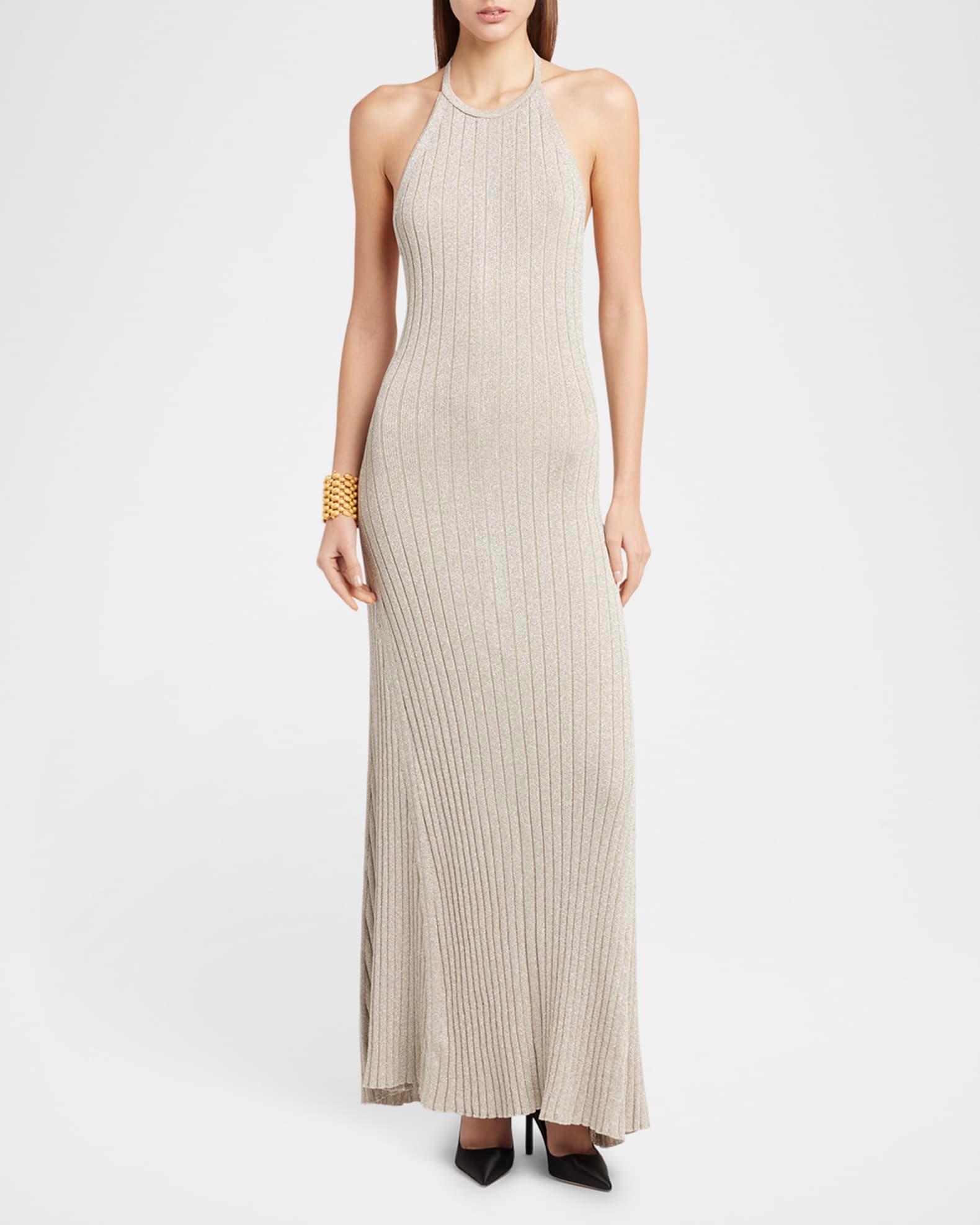 Metallic Rib Halter Backless Maxi Dress Product Image