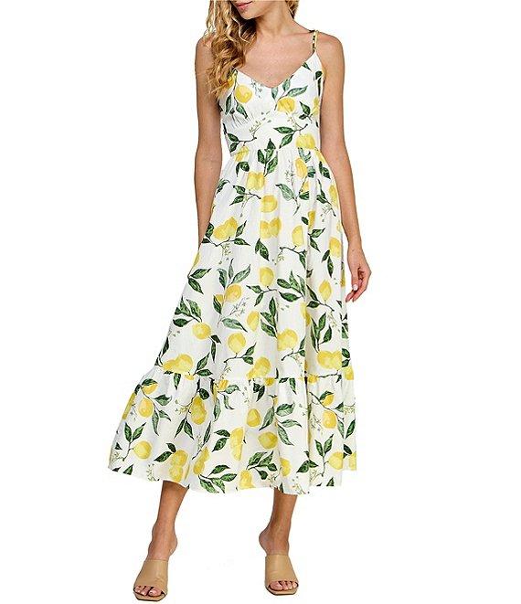 Layered With Love V-Neck Tie Shoulder Lemon Fruit Printed Poplin A-Line Midi Dress Product Image