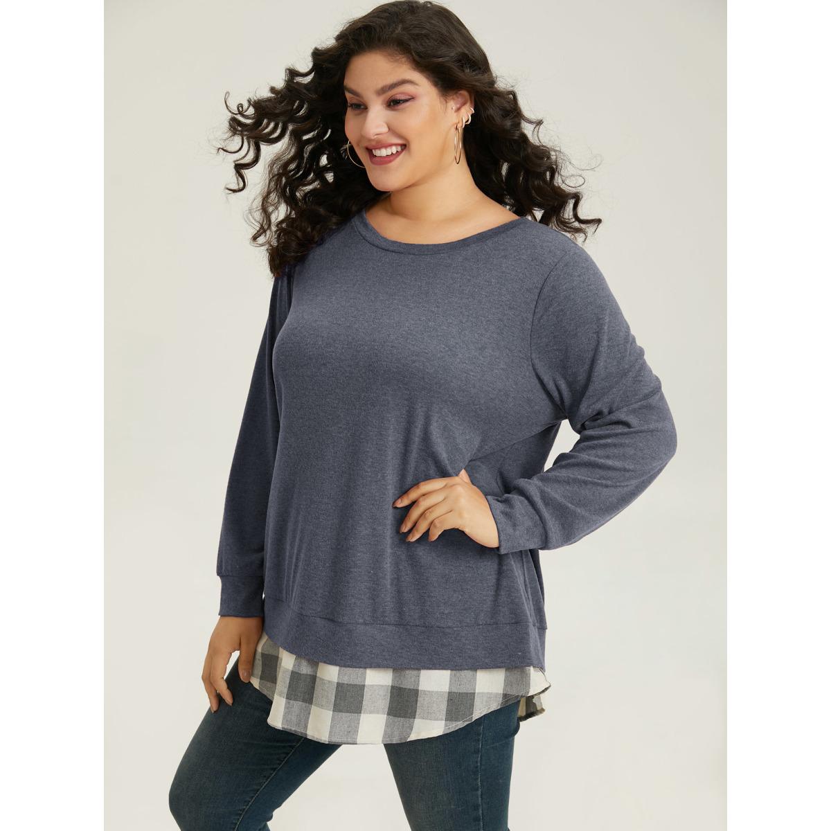 Plus Size Heather Plaid Patchwork Crew Neck T-shirt Blue Women Casual Heather Plaid Round Neck Everyday T-shirts BloomChic 18-20/2X Product Image