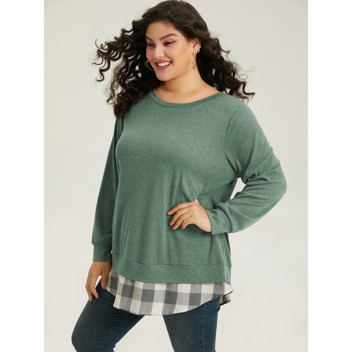 Plus Size Heather Plaid Patchwork Crew Neck T-shirt Green Women Leisure Heather Plaid Round Neck Casual T-shirts BloomChic 18-20/2X Product Image