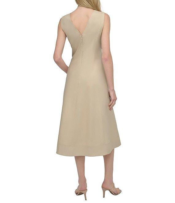 DKNY by Donna Karan V-Neck Sleeveless Self Belt Cotton Blend Midi Dress Product Image