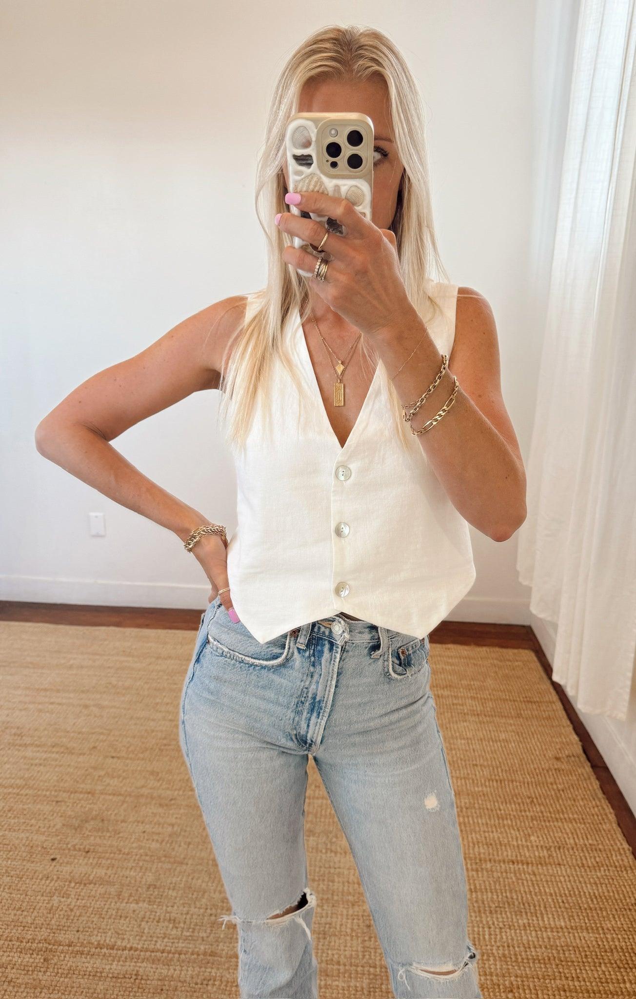 Vicky Vest Top ~ White Linen Product Image