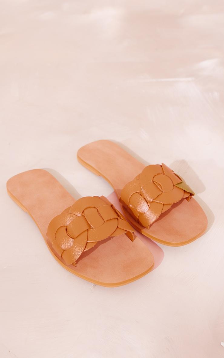 Tan Wide Fit Real Leather Round Toe Woven Thick Leather Strap Sandals Product Image