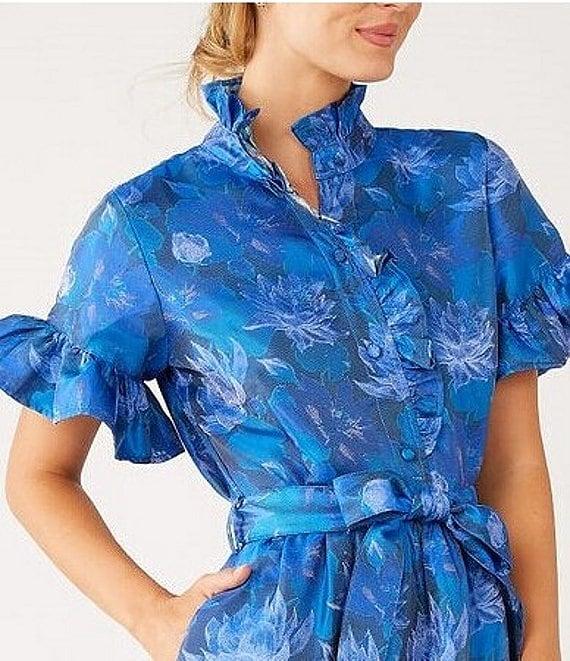 Abbey Glass Floral Print Sadie Ruffle Stand Collar Short Sleeve Tie Waist Tiered Pocketed Midi Dress Product Image