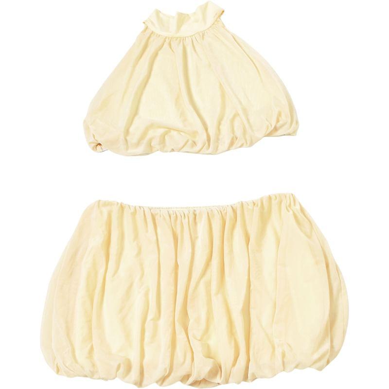 Set: Halter Mock Neck Plain Crop Top + Elastic Waist Mini Balloon Skirt Product Image