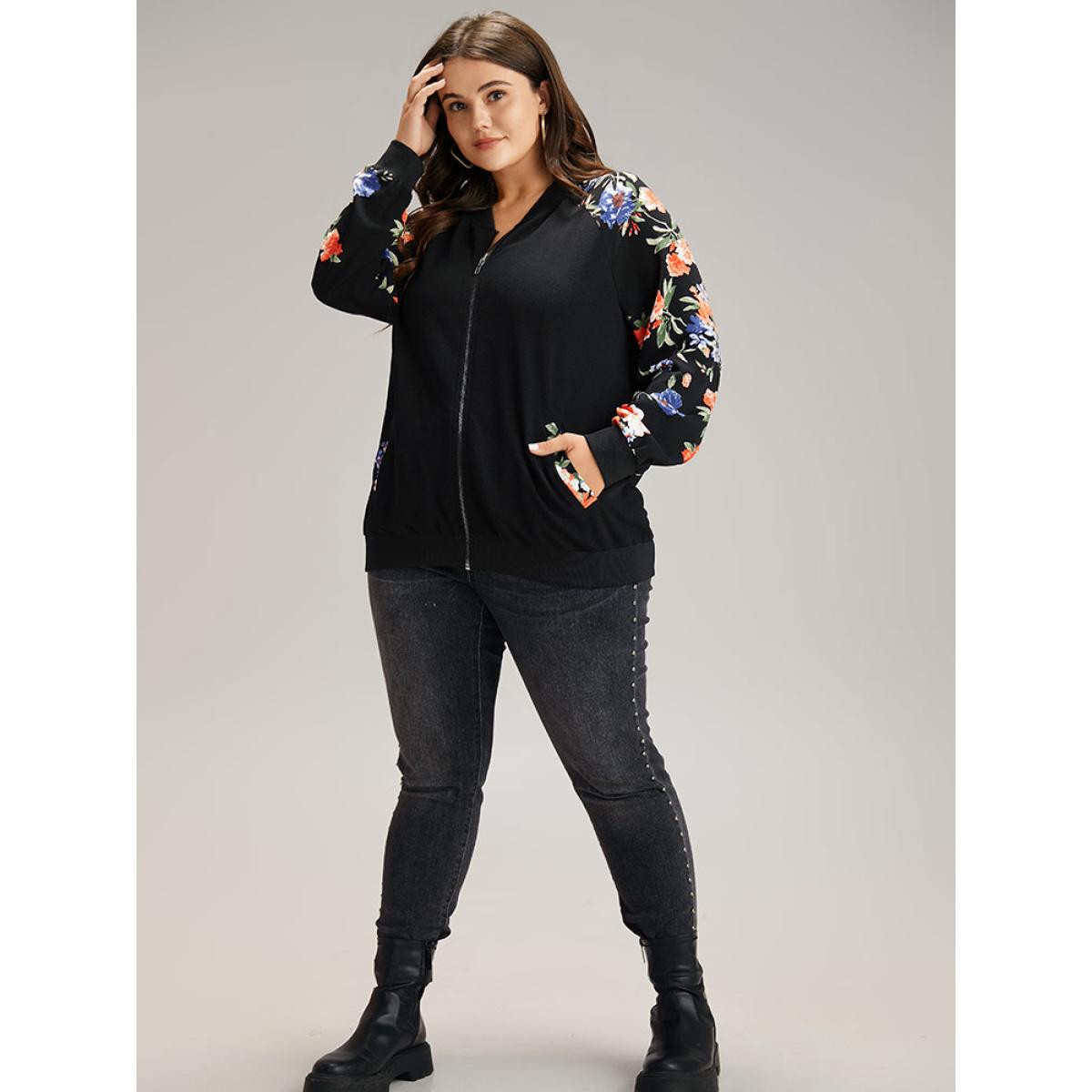 Plus Size Floral Patchwork Zipper Pocket Bomber Jacket Women Black Elastic cuffs Pocket Everyday Jackets BloomChic 28/5X Product Image
