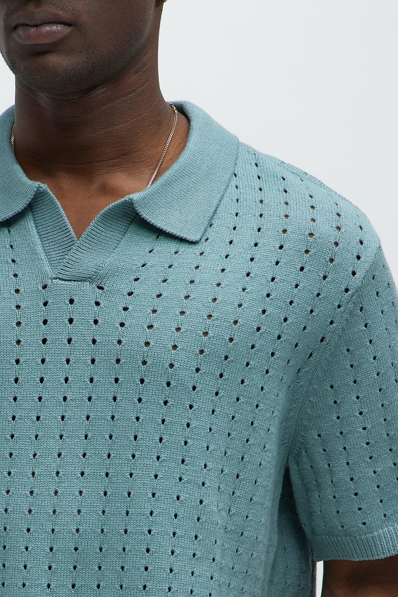 Josie Johnny Collar Open Knit Sweater - Sage Product Image