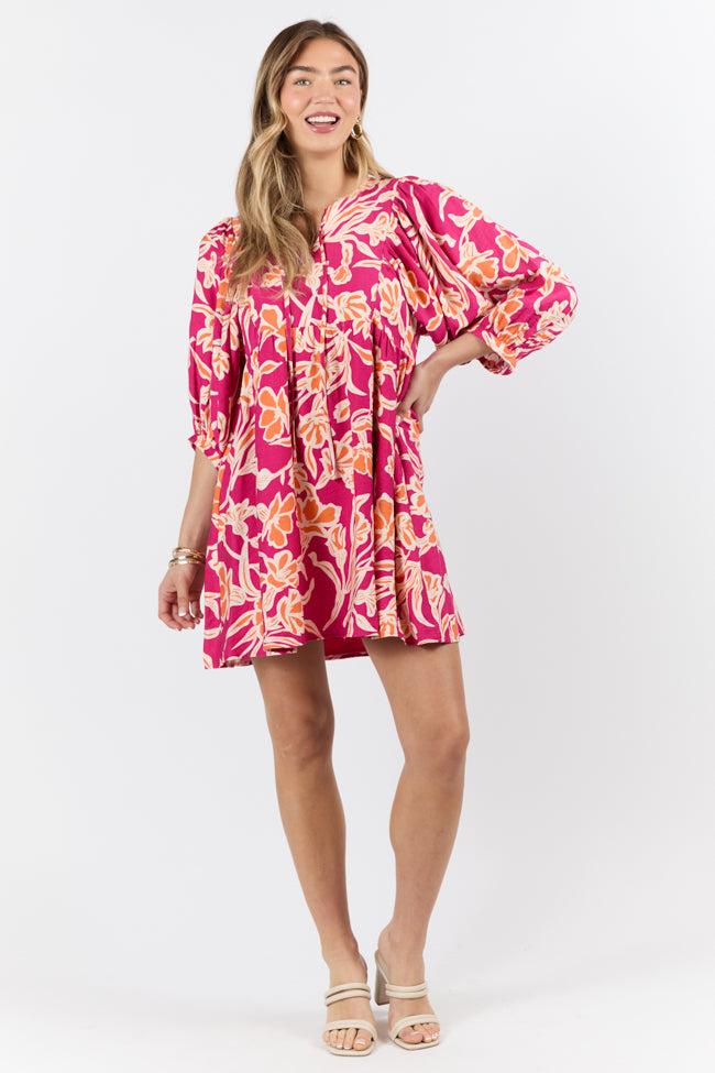 Keep The Flowers Fuchsia Floral Print Long Sleeve Mini Dress FINAL SALE Product Image