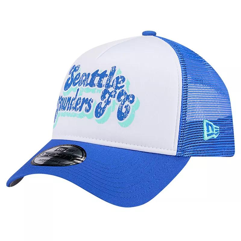 Women's New Era White/Blue Seattle Sounders FC Throwback A-Frame Trucker 9FORTY Snapback Hat Product Image