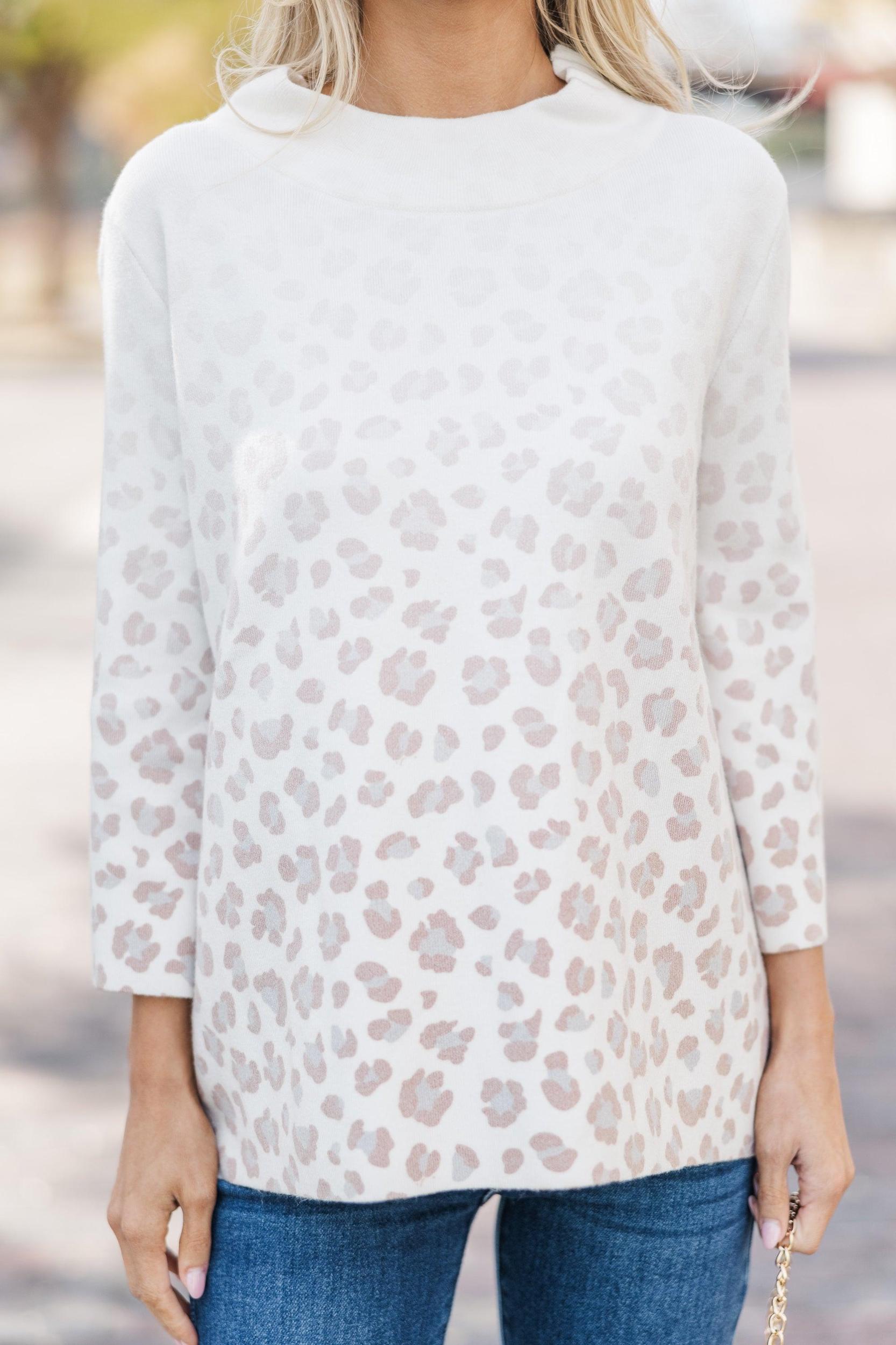 Just A Feeling Cream White Leopard Mock Neck Sweater Female Product Image