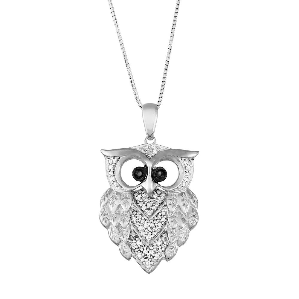 Sterling Silver 1/6 Carat T.W. Black & White Diamond Owl Pendant, Women's, Size: 18" Product Image