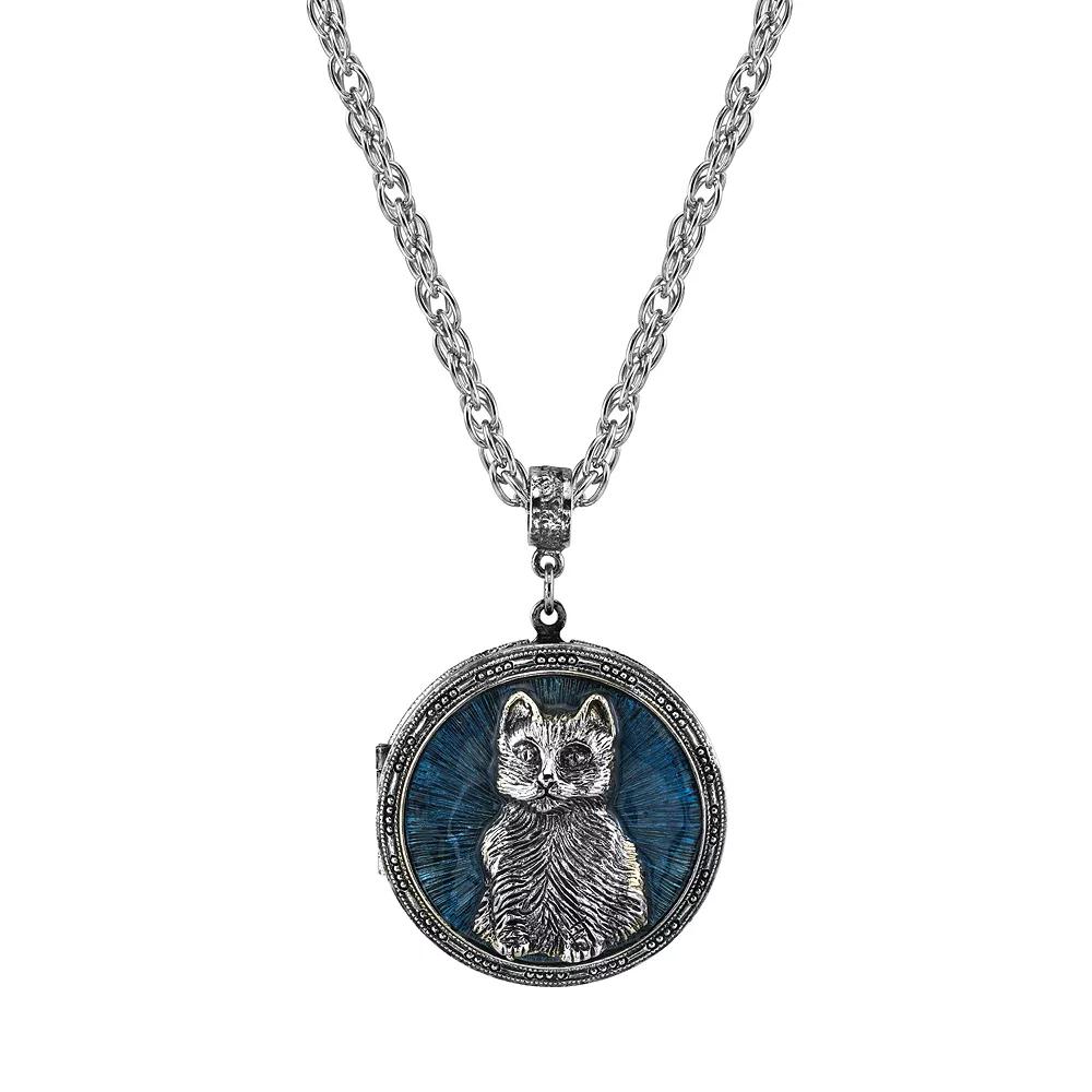 1928 Jewelry Antiqued Pewter Cat Locket Pendant Necklace, Women's, Blue Product Image