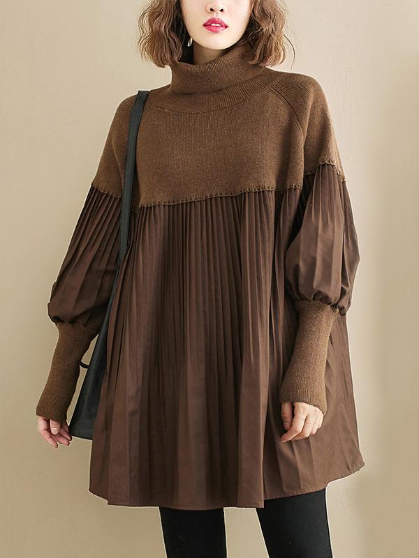 Knitting Pleats Split-Joint High-Neck Pullover Top Product Image