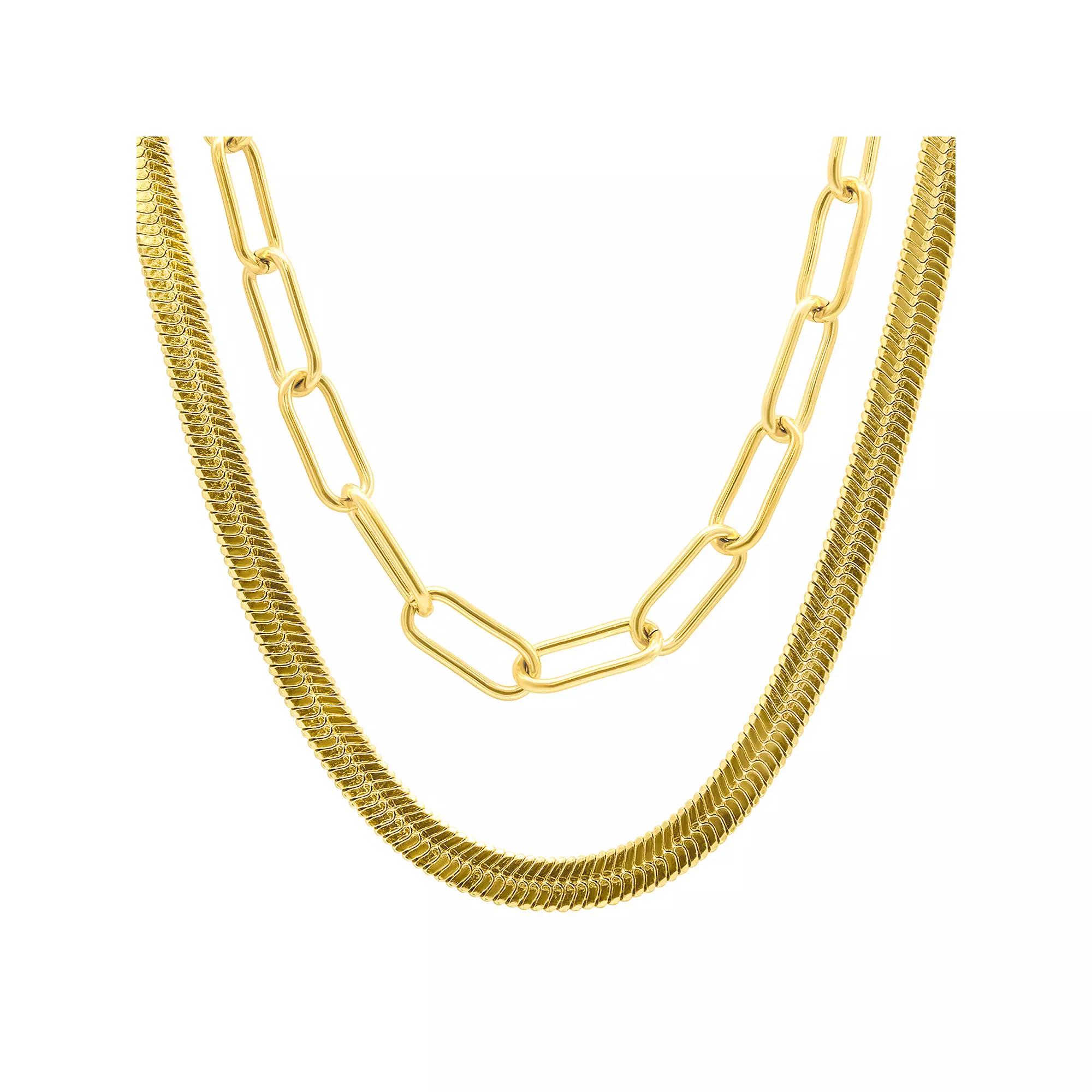 Adornia 14k Gold Plated Set Of 2 Herringbone and Paper Clip Necklaces, Women's, Size: 18", Gold Tone Product Image
