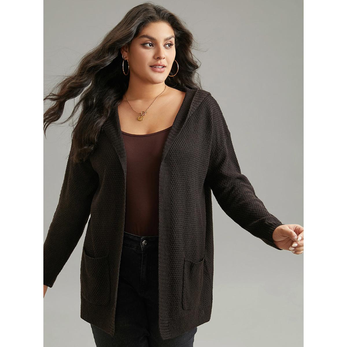 Plus Size Plain Hooded Pocket Open Front Cardigan DarkBrown Women Casual Loose Long Sleeve Dailywear Cardigans BloomChic 26/4X Product Image