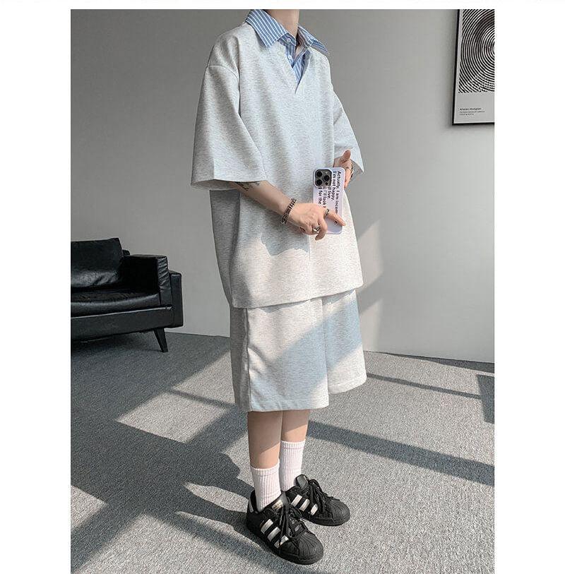 Set: Short Sleeve Collared Striped Mock Two Piece Top + Elastic Waist Plain Sweat Shorts Product Image
