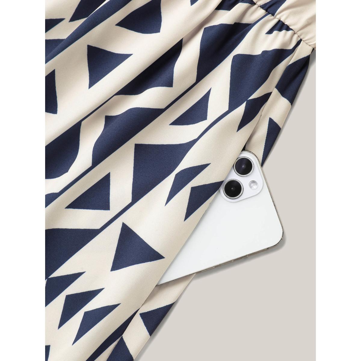 Plus Size Geometric Print Stretchy Waist Pockets Maxi Dress Beige Women Resort Ruffles Flat collar with V-notch Elbow-length sleeve Curvy BloomChic 12/L Product Image