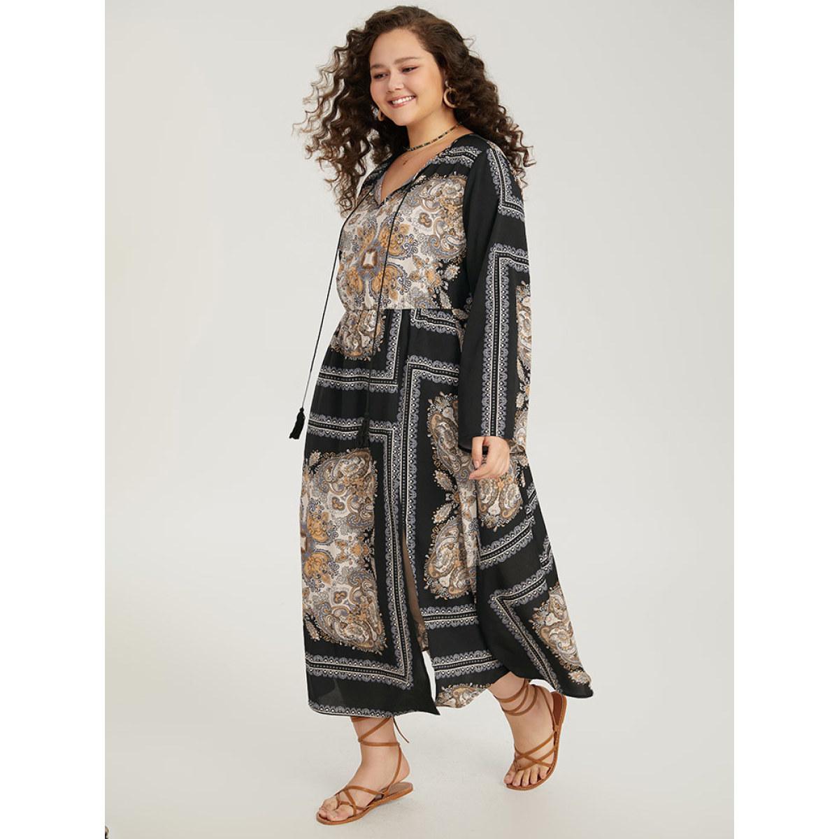 Plus Size Bandana Print Split Side Tassels Ties Dress Black Women Vacation Tassels Tie Neck Long Sleeve Curvy Midi Dress BloomChic 22-24/3X Product Image