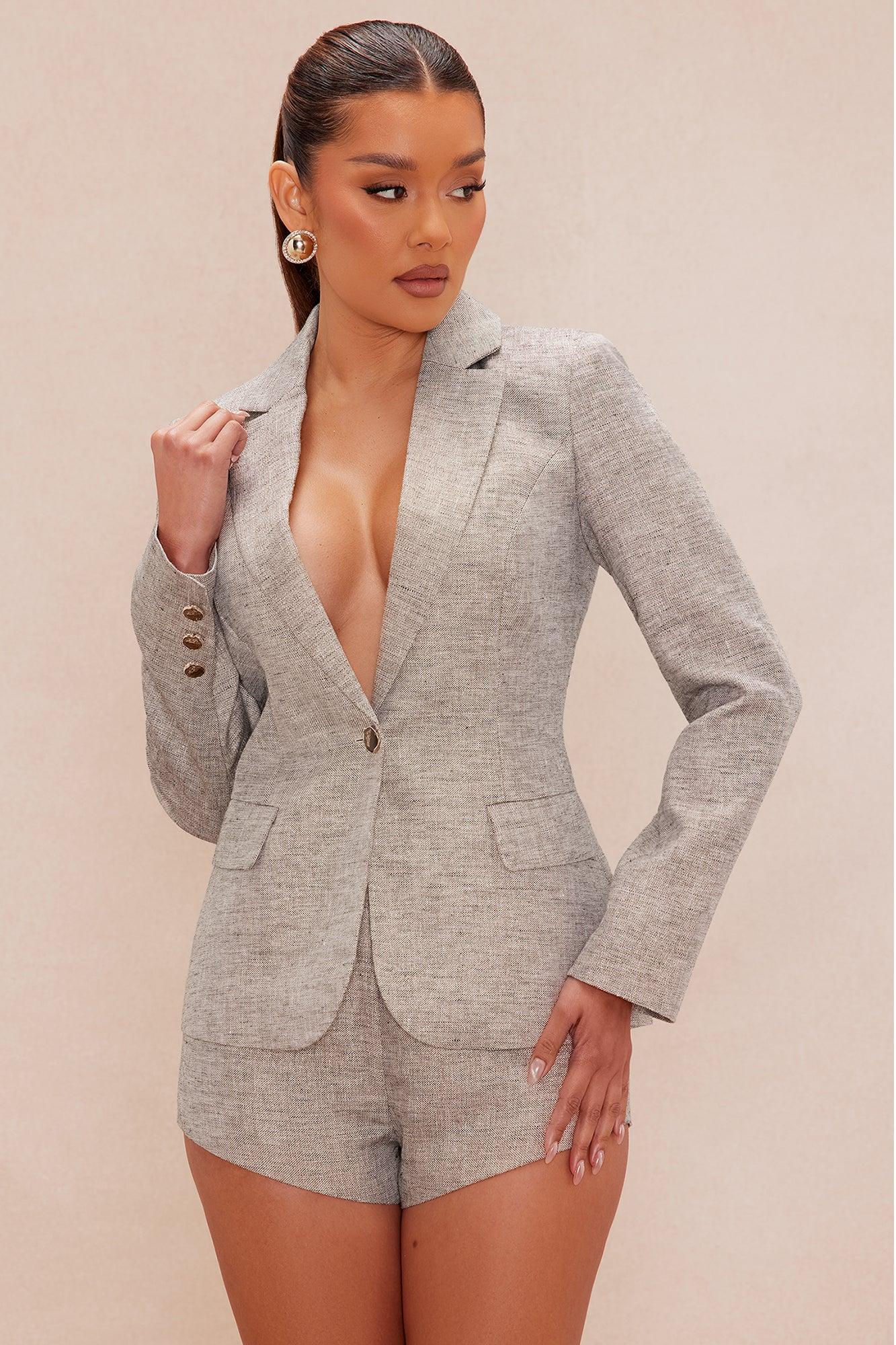 Leandra Linen Short Suit Set - Grey/combo Female Product Image
