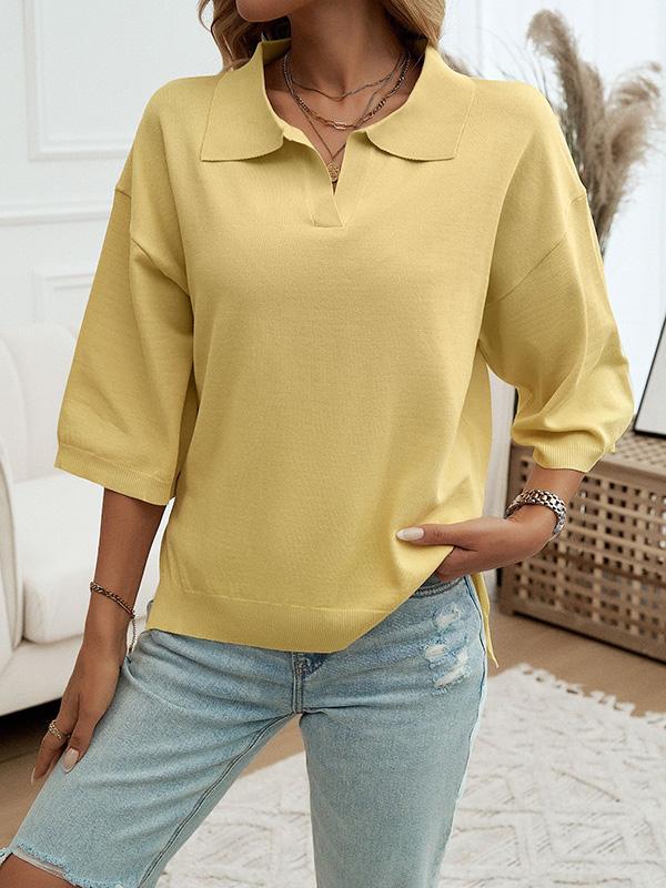 Half Sleeves Loose Solid Color Lapel Blouses&Shirts Tops Sweater Tops Product Image