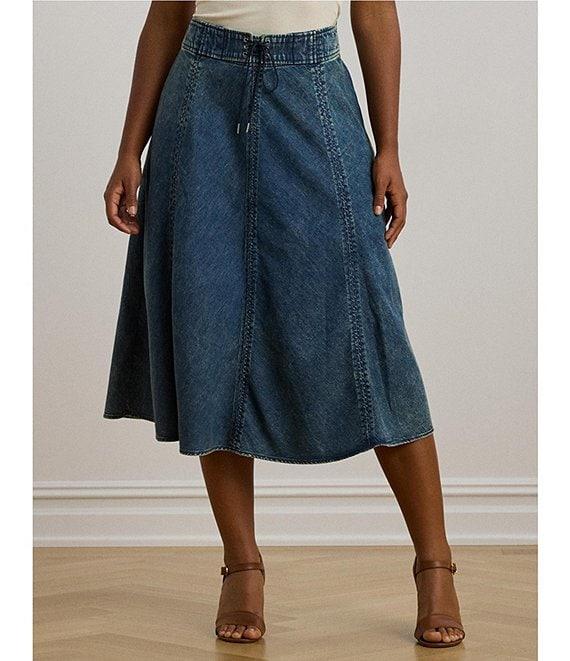 Lauren Ralph Lauren Plus Size Drawcord Waist A-Line Denim Midi Skirt Product Image