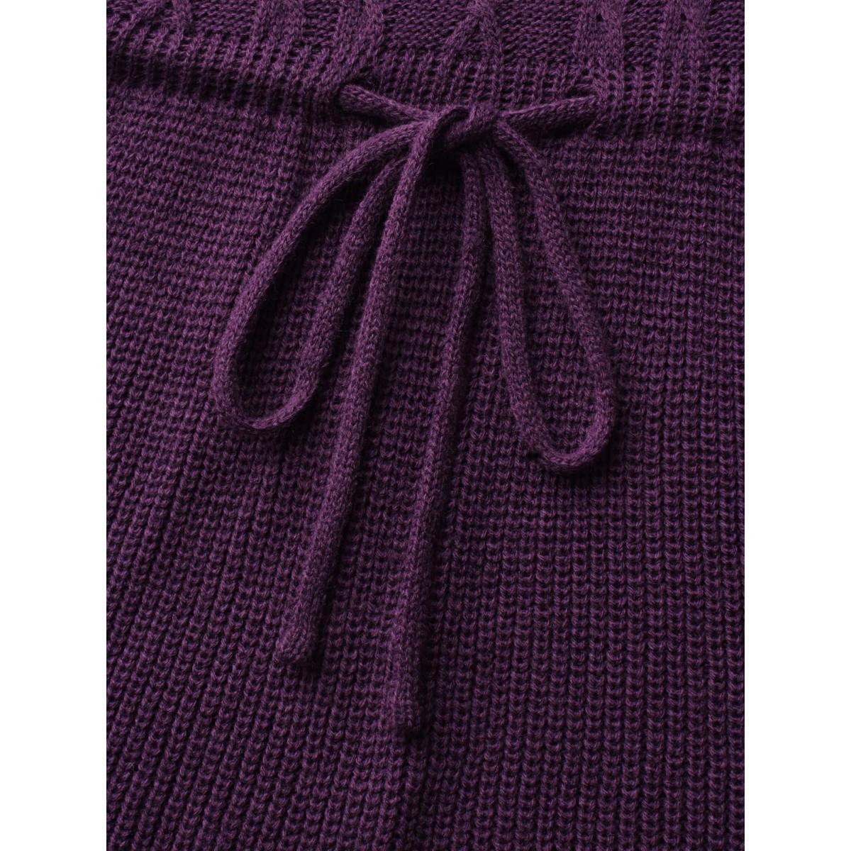 Plus Size V Neck Cable Knit Drawstring Pullover Eggplant Women Timeless Long Sleeve V-neck Elegant Pullovers BloomChic 12/L Product Image