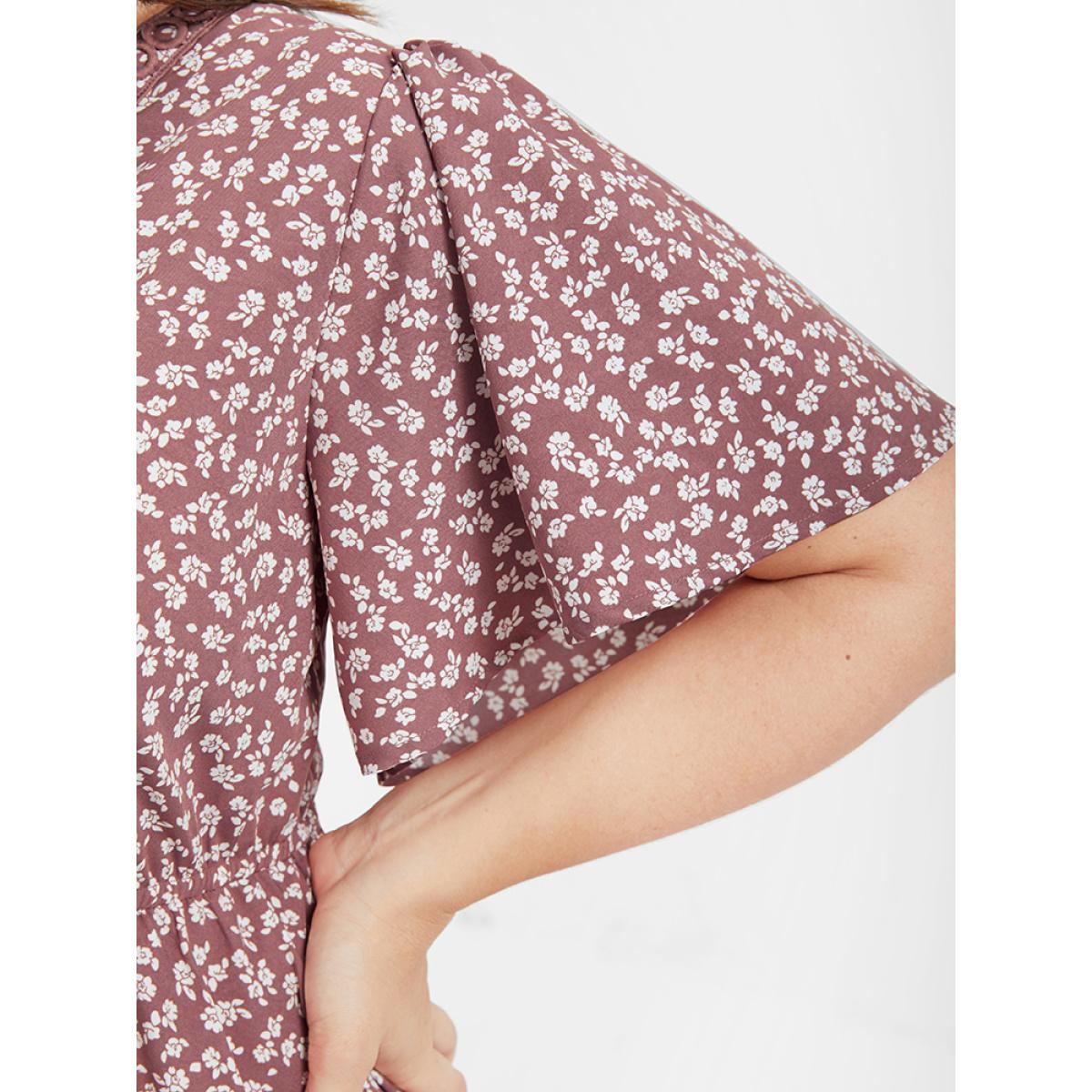 Plus Size Ditsy Floral Crochet Lace Ruffled Midi Dress Pink Women Elegant Patchwork V-neck Short sleeve Curvy Midi Dress BloomChic 10/M Product Image