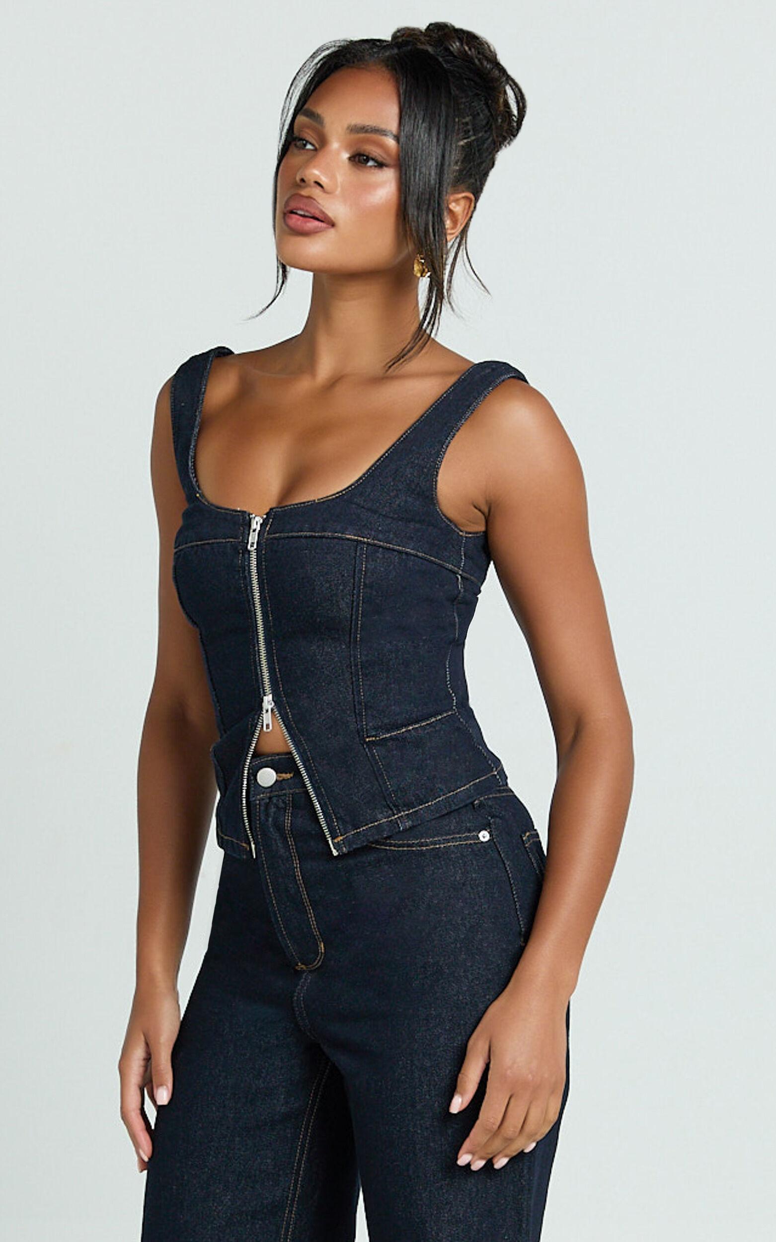 Bellerose Top - Front Zip Denim Fitted Top in Raw Denim with Tobacco Stitch Product Image