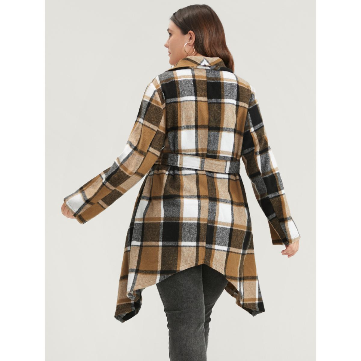 Plus Size Plaid Pocket Lapel Collar Asymmetrical Hem Belted Coat Women Bronze Elegant Button Ladies Dailywear Winter Coats BloomChic 22-24/3X Product Image