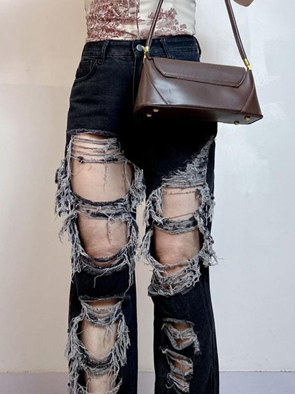Distressed Design With High Waist And Slimming Effect Ripped Jeans Product Image