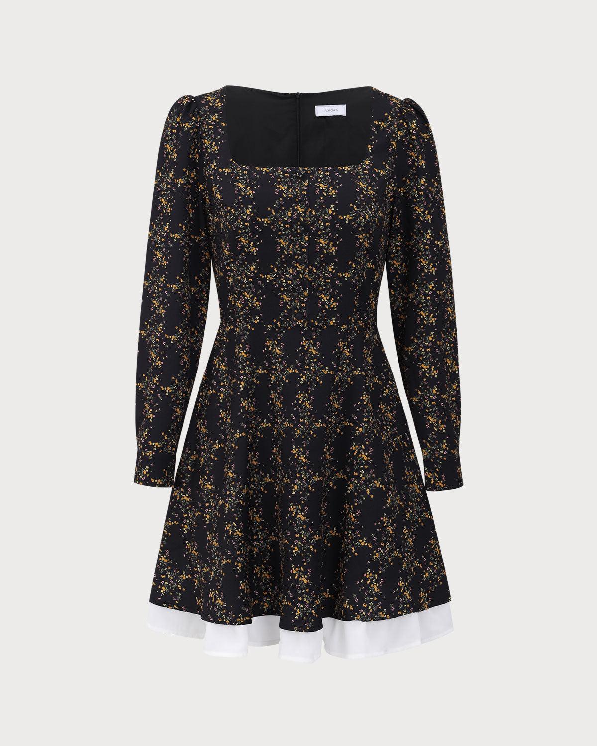 Black Contrasting Puffed Sleeve Mini Dress Product Image