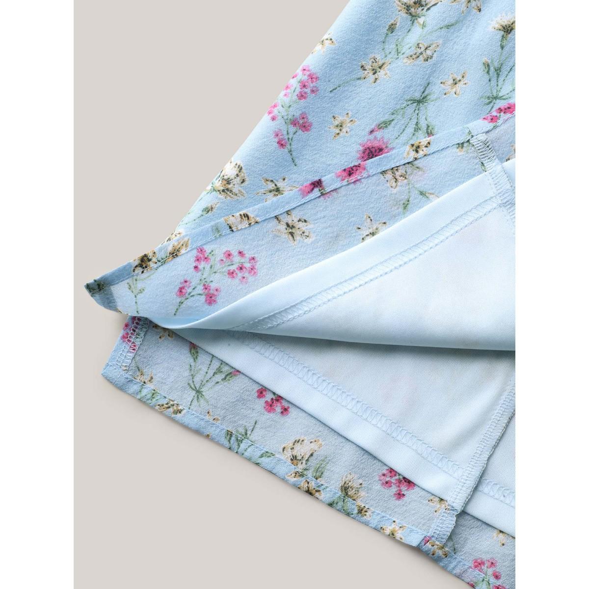 Plus Size LightBlue Floral Print Ruffled Flowy Blouse Women Cap Sleeve Square Neck Elegant Blouses BloomChic 22-24/3X Product Image