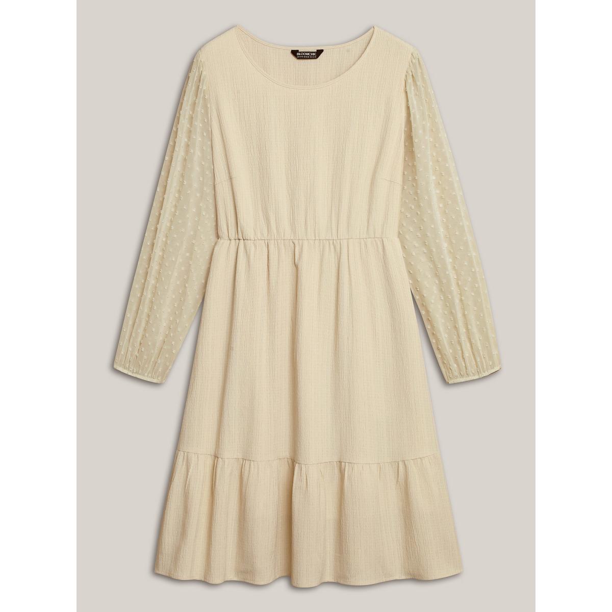 Plus Size Textured Stretchy-Waist Tiered Midi Dress Beige Women Elegant Texture Round Neck Long Sleeve Curvy BloomChic 18-20/2X Product Image