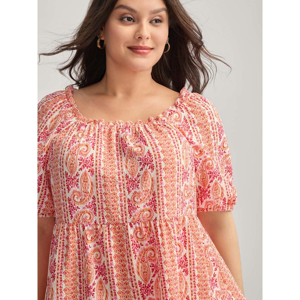 Plus Size WhiteSmoke Stripe Paisley Print Ruffled Neck Blouse Women Short sleeve Square Neck Elegant Blouses BloomChic 10/M Product Image