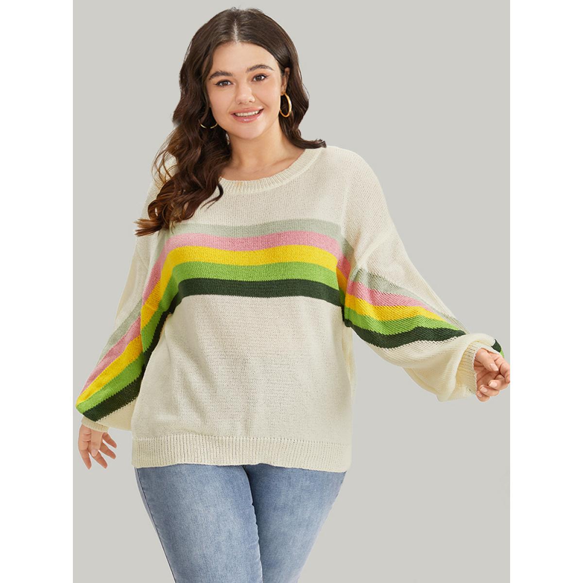 Plus Size Rainbow Lantern Sleeve Drop Shoulder Elastic Cuffs Pullover Beige Women Casual Loose Long Sleeve Round Neck Dailywear Pullovers BloomChic 28/5X Product Image