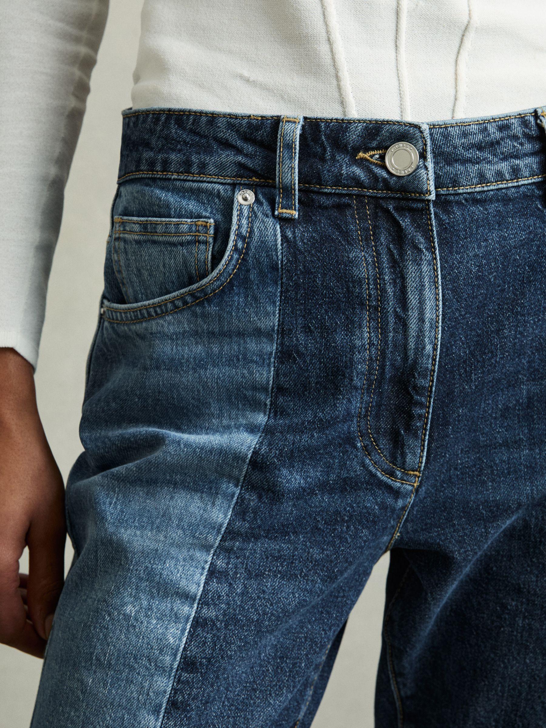 Petite Straight-Leg Patchwork Jeans in Mid Blue Product Image