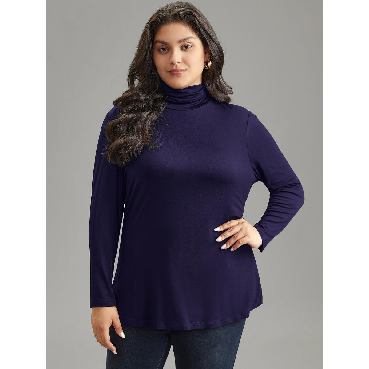 Plus Size Supersoft Essentials Solid Funnel Neck Knit T-shirt Indigo Women Elegant Plain Plain Ruffled collar Bodycon Dailywear T-shirts BloomChic 28/5X Product Image