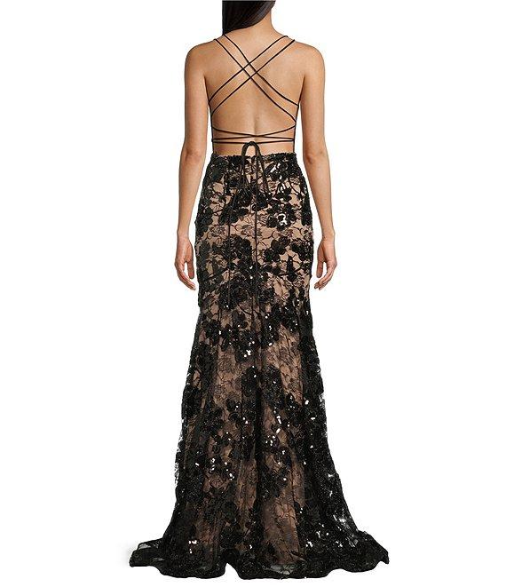 Blondie Nites Sequin Floral Lace Corset Trumpet Dress Product Image