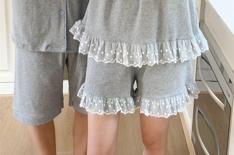 Couple Matching Short-Sleeve Lapel Collar Contrast Trim Button Pajama Top / Lace Trim Tank Top / Lounge Shorts / Set (Various Designs) Product Image