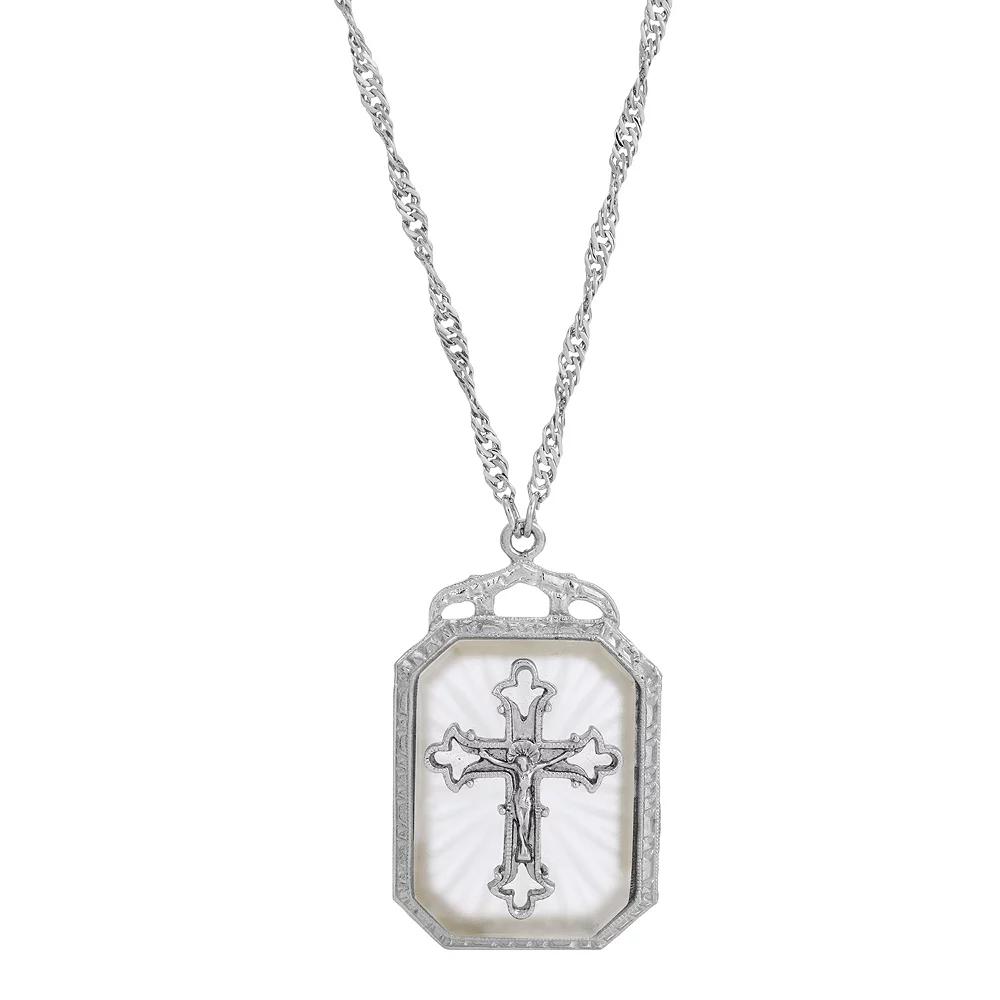 Symbols of Faith Silver-Tone Crystal Cross Large Pendant Necklace, Women's, White Product Image