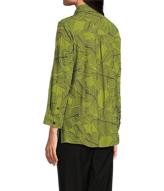 Ali Miles Woven Allover Floral Embroidered Point Collar 3/4 Sleeve Button Front Tunic Product Image